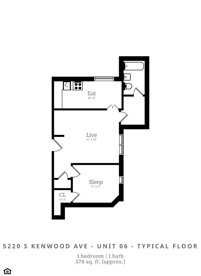 Floor plan for 1 bed, 1 bath, 499 sqft